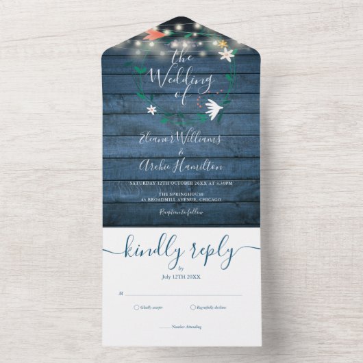Floral Blue Rustic Wood String Lights Wedding All In One Uitnodiging (Binnen)