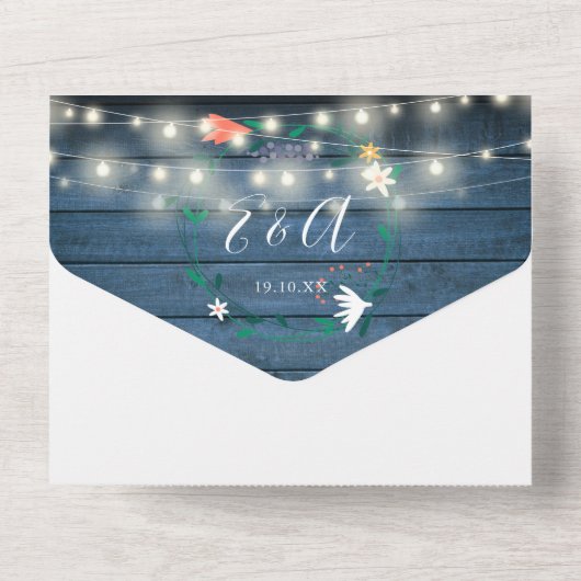 Floral Blue Rustic Wood String Lights Wedding All In One Uitnodiging (Achterkant)