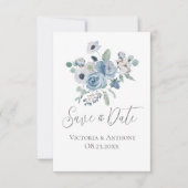 Floral Blue Script Modern Wedding Save the Date (Voorkant)