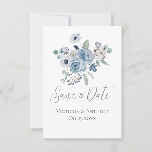 Floral Blue Script Modern Wedding Save the Date (Voorkant)