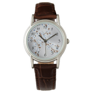 Floral Blue Silver White Cherry Blossom Numbers Horloge