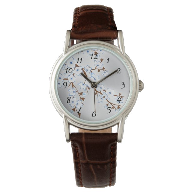 Floral Blue Silver White Cherry Blossom Numbers Horloge (Voorkant)