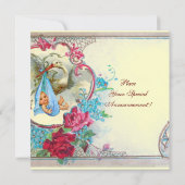 FLORAL BLUE STORK BOY BABY SHOWER PINK ROSES White Kaart (Achterkant)