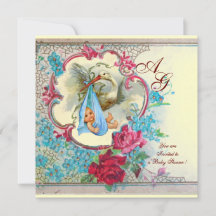 FLORAL BLUE STORK BOY BABY SHOWER PINK ROSES White