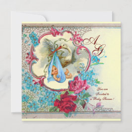 FLORAL BLUE STORK BOY BABY SHOWER PINK ROSES White Kaart