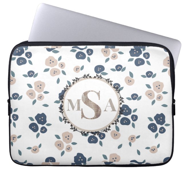 Floral Blue Tan Stylish Laptop Sleeve (Voorkant)