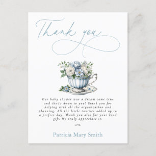 Floral Blue Tea Party Boy Baby shower Bedankt Briefkaart