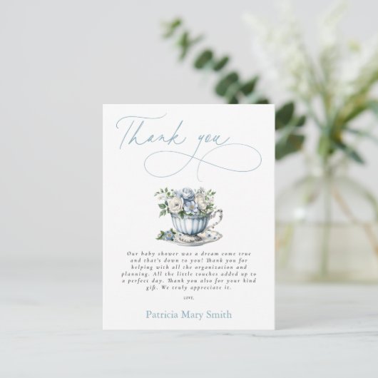 Floral Blue Tea Party Boy Baby shower Bedankt Briefkaart (Staand voorkant)