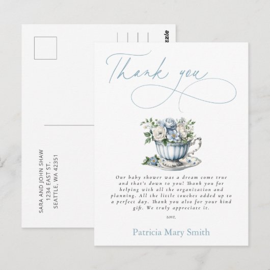 Floral Blue Tea Party Boy Baby shower Bedankt Briefkaart (Voorkant / Achterkant)