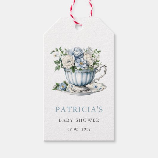 Floral Blue Tea Party Boy Baby shower Cadeaulabel (Voorkant)