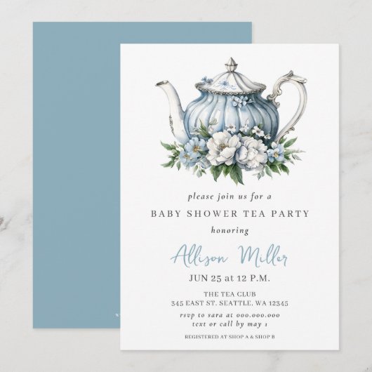 Floral Blue Tea Party Boy Baby shower Kaart (Voorkant / Achterkant)