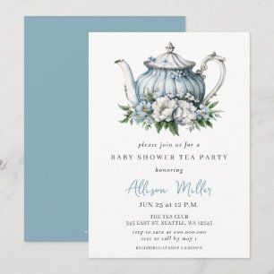Floral Blue Tea Party Boy Baby shower Kaart