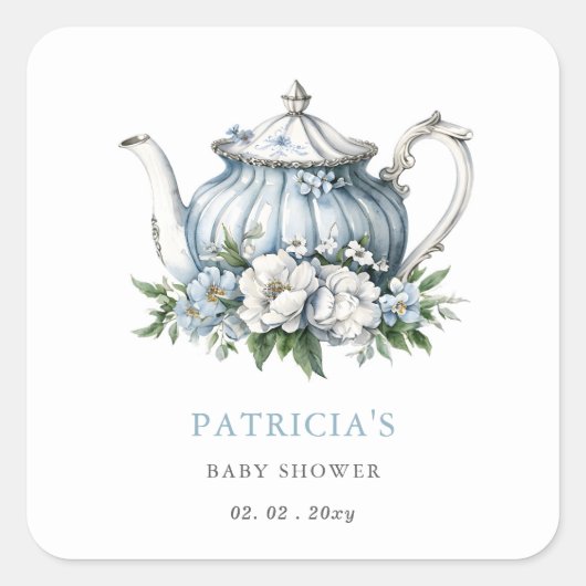 Floral Blue Tea Party Boy Baby shower Vierkante Sticker (Voorkant)