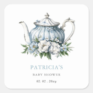 Floral Blue Tea Party Boy Baby shower Vierkante Sticker