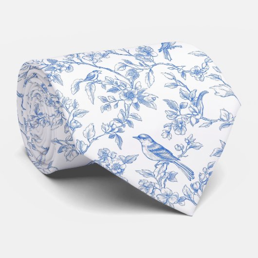 Floral blue toile de jouy neck tie stropdas (Opgerold)