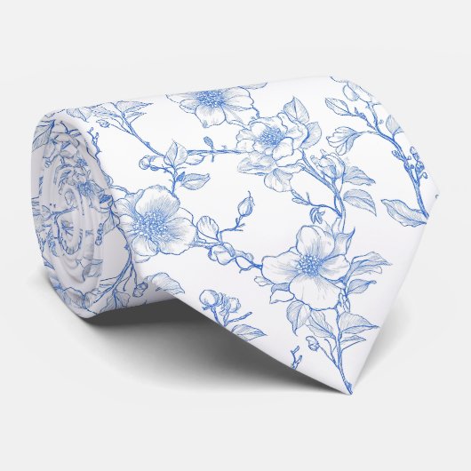 Floral blue toile stropdas (Opgerold)