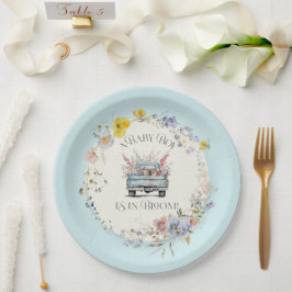 Floral Blue Truck Baby Boy in Bloom Paper Borden Papieren Bordje