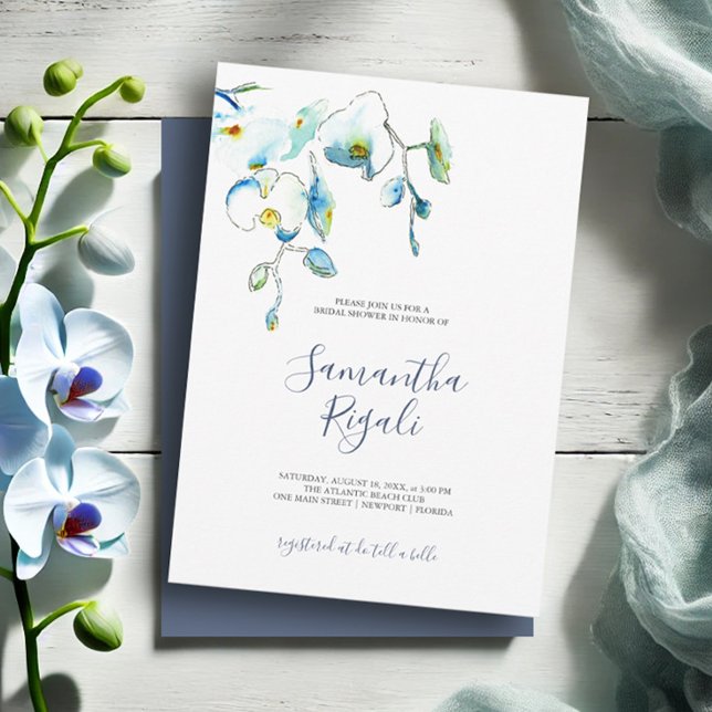 Floral Blue Waterverf Botanisch Vrijgezellenfeest (Bridal shower invitations watercolor blue orchid flowers by Victoria Grigaliunas Do Tell A Belle)