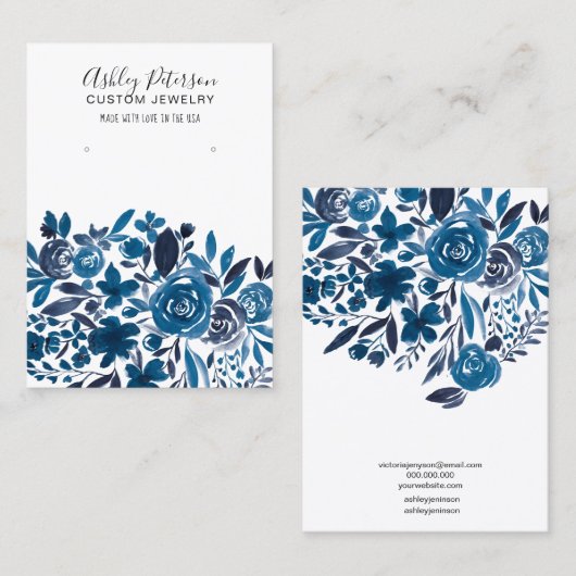 Floral blue waterverf juwelen oorscherm visitekaartje (Voorkant / Achterkant)