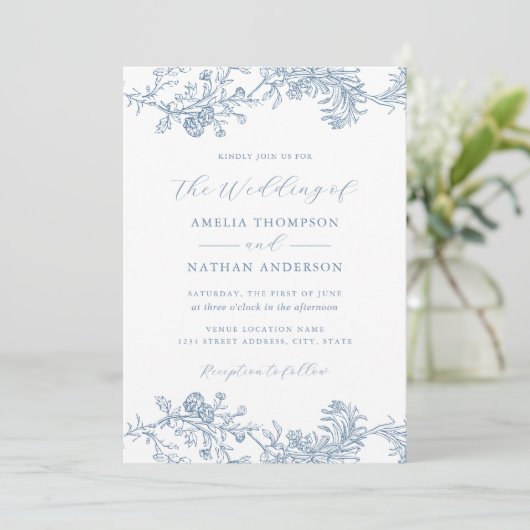  Floral Blue Wedding Kaart (Staand voorkant)