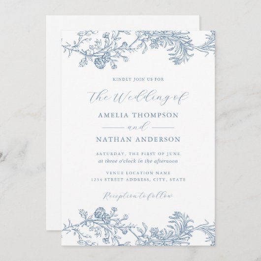  Floral Blue Wedding Kaart (Voorkant / Achterkant)