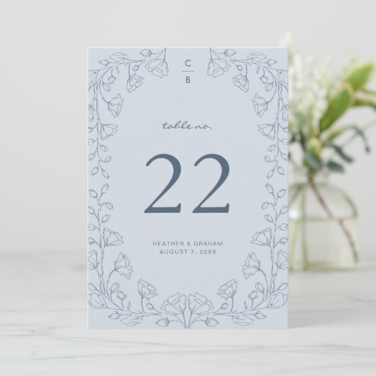 Floral Blue Wedding Table Number (Staand voorkant)