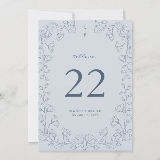 Floral Blue Wedding Table Number (Achterkant)
