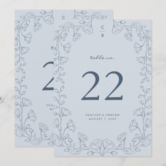 Floral Blue Wedding Table Number (Voorkant / Achterkant)