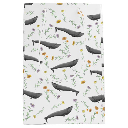 Floral Blue Whale Spring Illustration Pattern Medium Cadeauzakje (Voorkant)