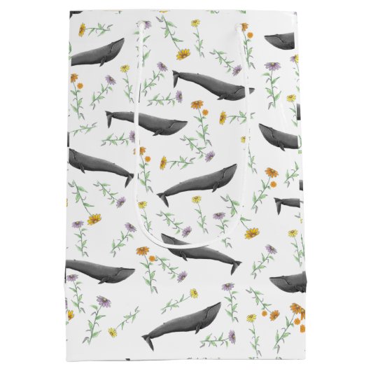 Floral Blue Whale Spring Illustration Pattern Medium Cadeauzakje (Achterkant)