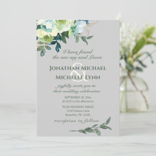 Floral Blue White Gold Turquoise Christelijk Weddi Kaart (Staand voorkant)