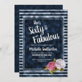  Floral Blue White Stripe 60th Birthday Kaart (Voorkant / Achterkant)