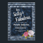 Floral Blue White Stripe 60th Birthday Kaart<br><div class="desc">Zestig en Fabulous,  60ste verjaardagsfeest voor vrouwen met een blauw en wit gestreept patroon en prachtige roze en witte bloemen.</div>