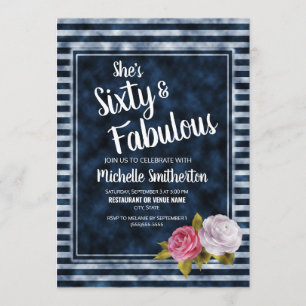  Floral Blue White Stripe 60th Birthday Kaart