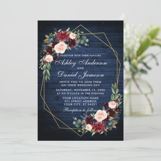 Floral Blue Wood Foto terug Gold Geometric Kaart (Staand voorkant)