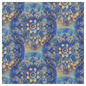 Floral Blue Yellow Circle Motif Stof (Close Up)