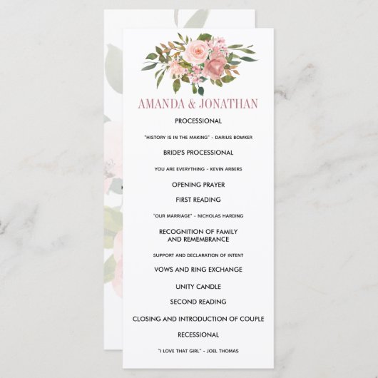 Floral Blush and Roos Gold Wedding Programme Programmakaart (Voorkant / Achterkant)