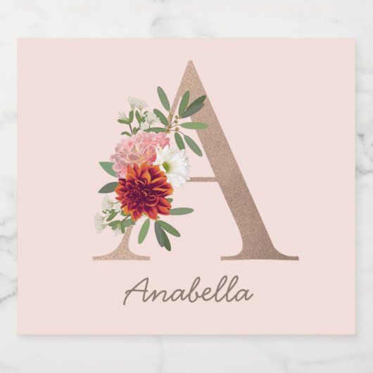 Floral blush bouquet gepersonaliseerde letter " A Sparkling Wijnetiket (Enkel label)
