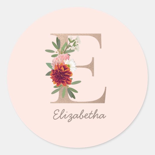 Floral blush bouquet gepersonaliseerde letter " E  Ronde Sticker (Voorkant)