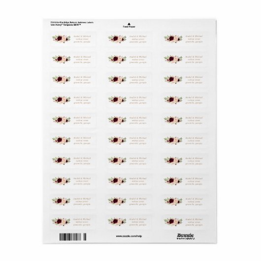 Floral Blush Burgundy Elegant Wedding Address Etiket (Full Sheet)