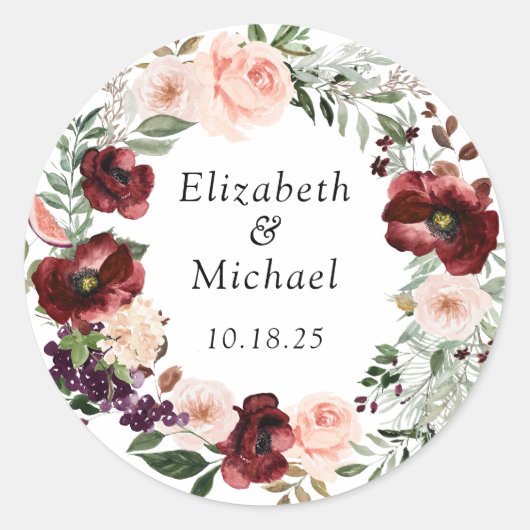 Floral Blush Burgundy Poppy Greenery Ronde Sticker (Voorkant)