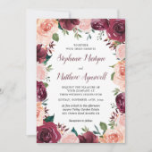 Floral Blush Burgundy Roos Border Wedding Kaart (Voorkant)