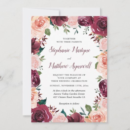Floral Blush Burgundy Roos Border Wedding Kaart (Voorkant)