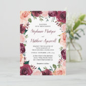 Floral Blush Burgundy Roos Border Wedding Kaart (Staand voorkant)