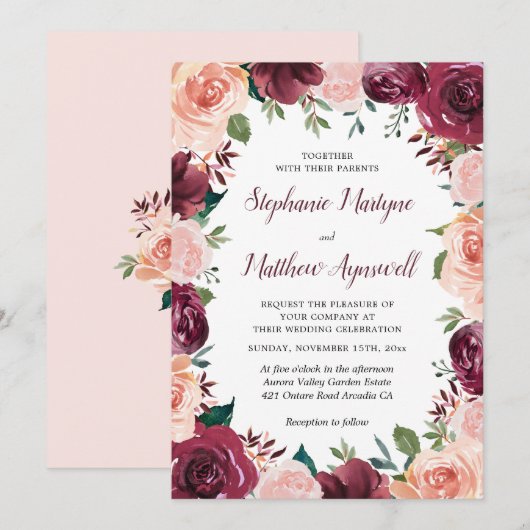 Floral Blush Burgundy Roos Border Wedding Kaart (Voorkant / Achterkant)
