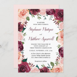 Floral Blush Burgundy Roos Border Wedding Kaart