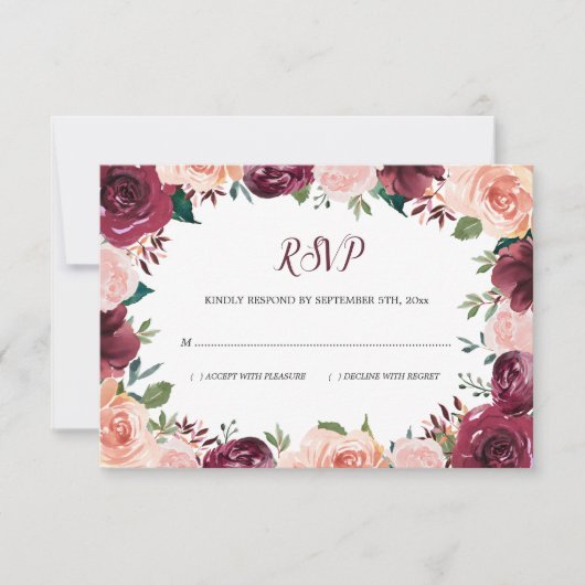 Floral Blush Burgundy Roos Border Wedding RSVP Kaartje (Voorkant)