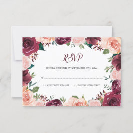 Floral Blush Burgundy Roos Border Wedding RSVP Kaartje