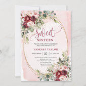 Floral Blush Burgundy Roses Sweet Sixteen Party  Kaart (Voorkant)