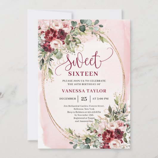 Floral Blush Burgundy Roses Sweet Sixteen Party  Kaart (Voorkant)